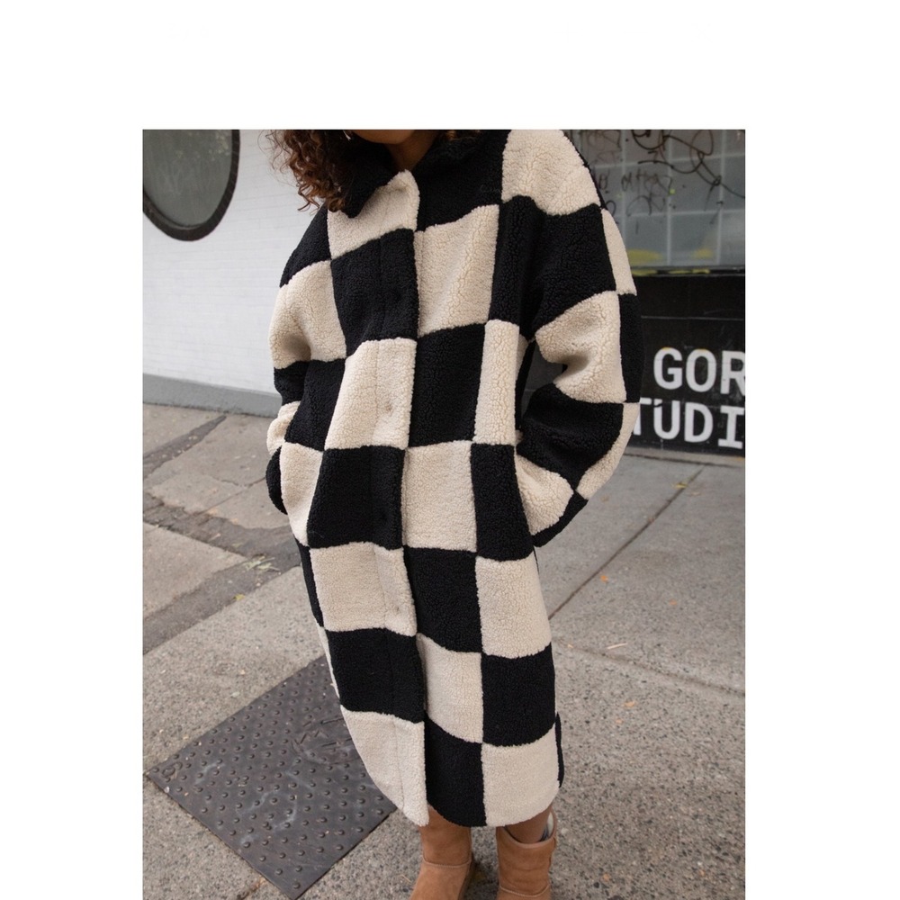 Oak + Fort Checkerboard Coat Womens XXS/XS Black Cream Excellent Sherpa Longline